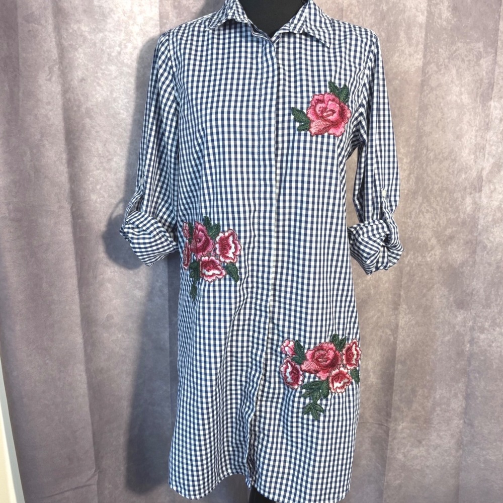Stylehouse Floral Gingham Shirt Dress Women Size M Navy Blue Cottagecore